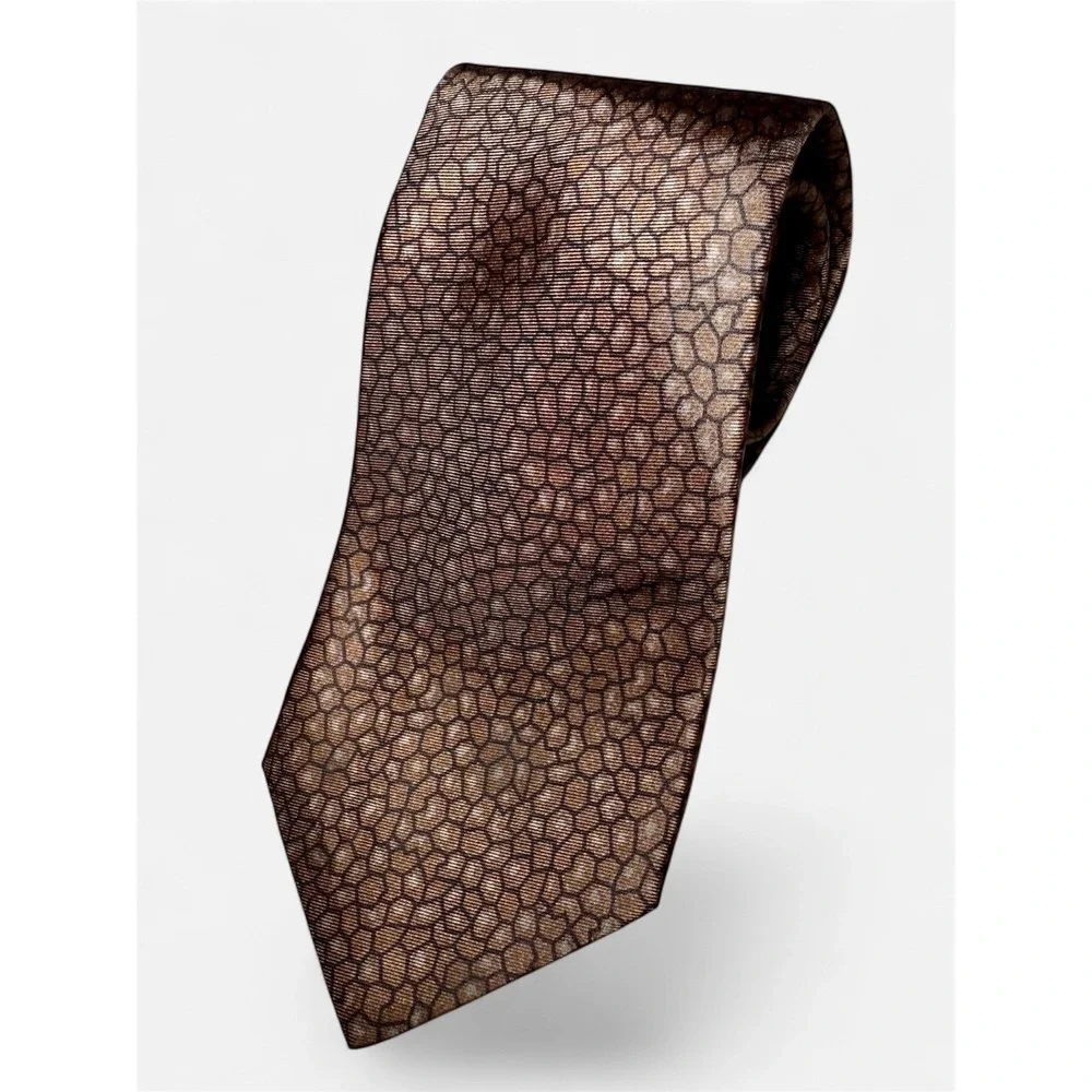 Valentino Cravatte Silk Men's Tie Brown Mosaic Pattern Hand Made in Italy